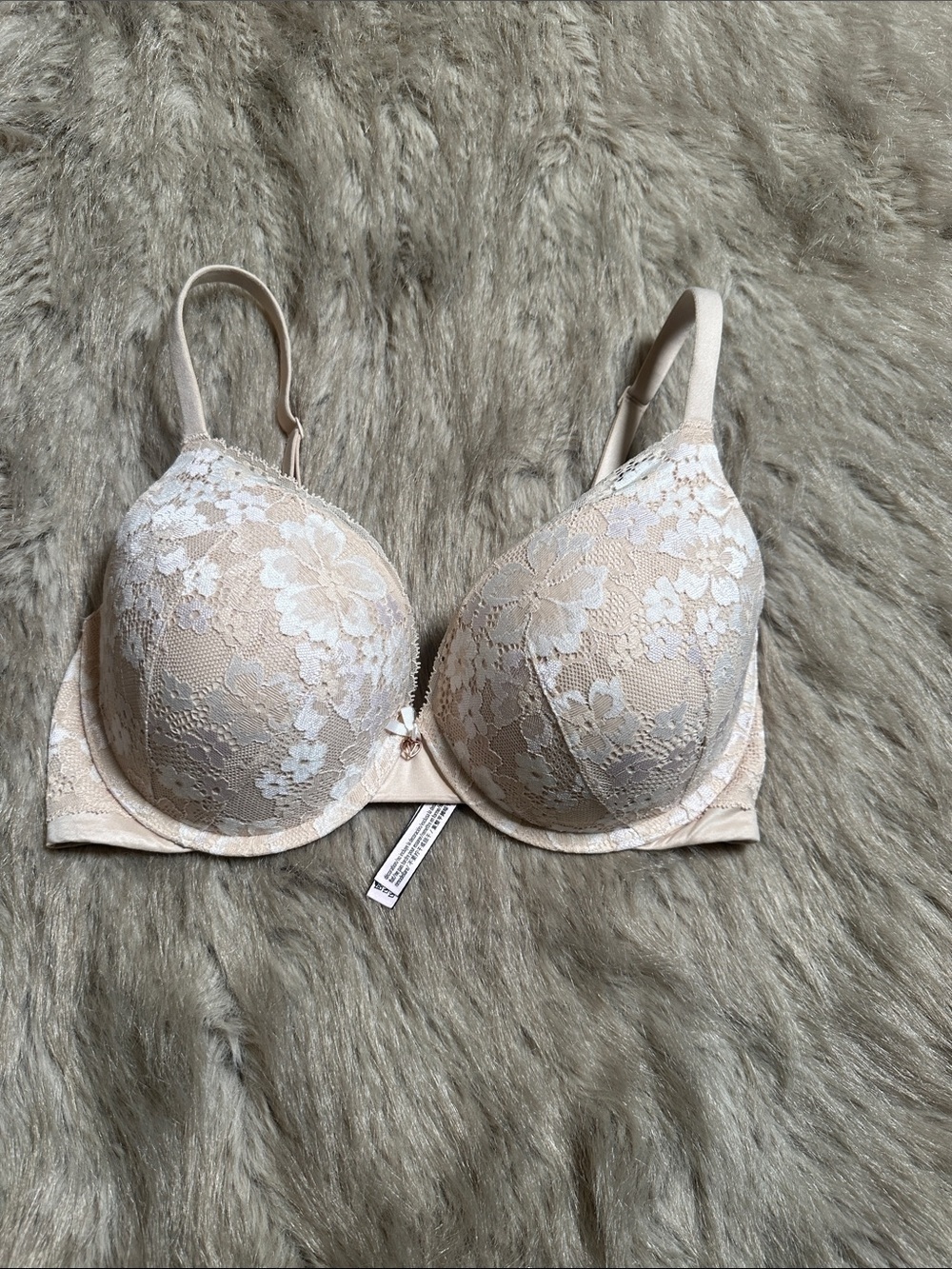 Victoria's Secret Beige Lace Push-Up Bra with Floral Overlay